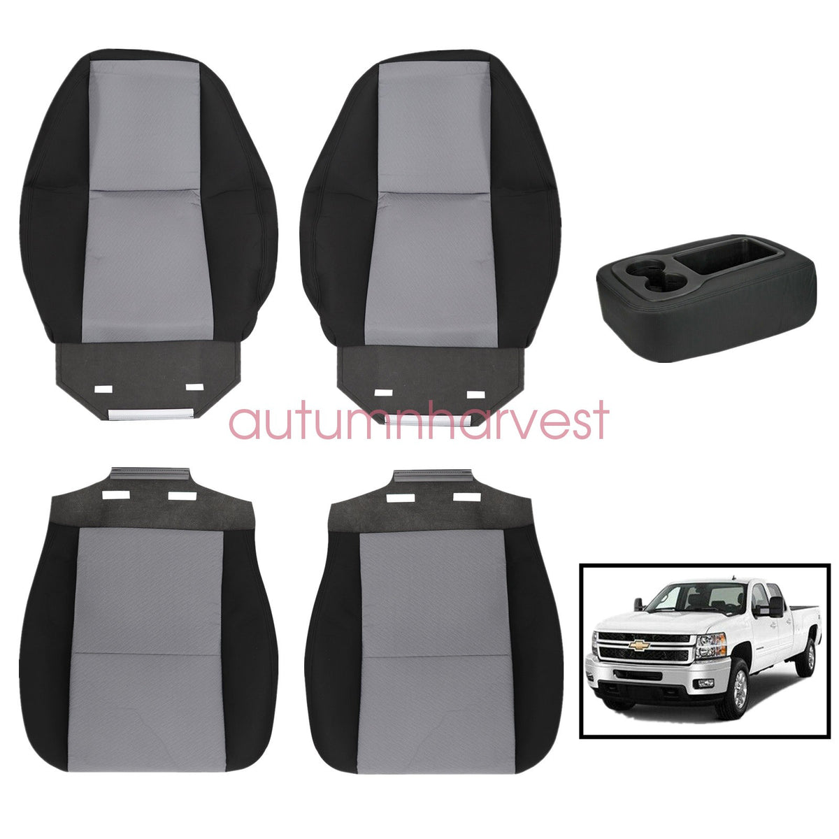 For 2007-2014 Chevy Silverado Front Bottom & Top Cloth Seat Cover Black & Gray