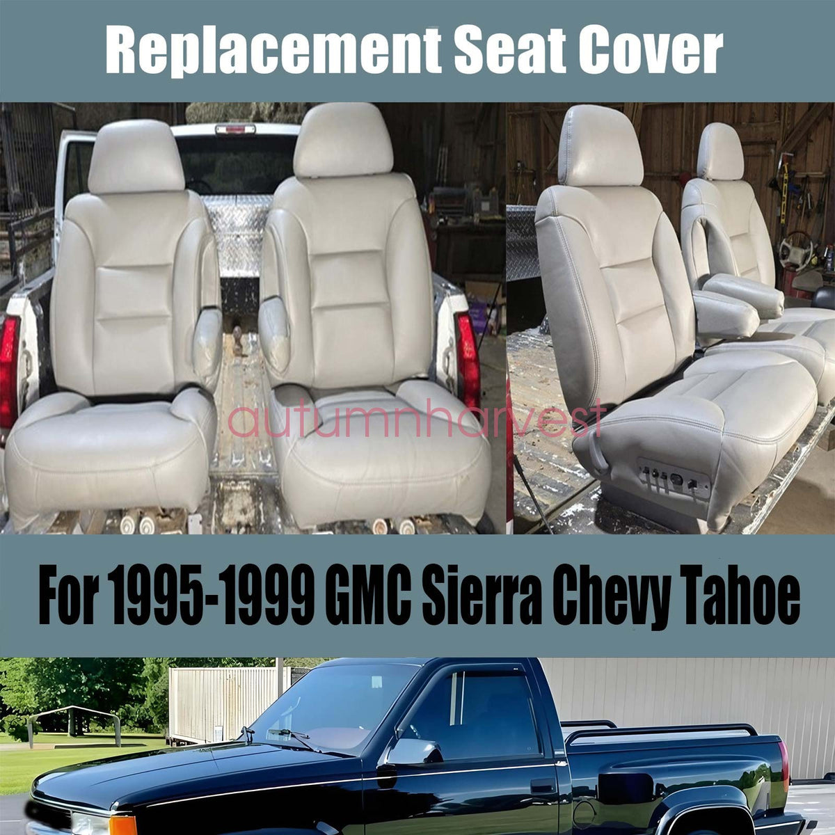 Fits 1995-1999 Chevy Tahoe Driver Passenger Bottom Top Leather Seat Cover Gray