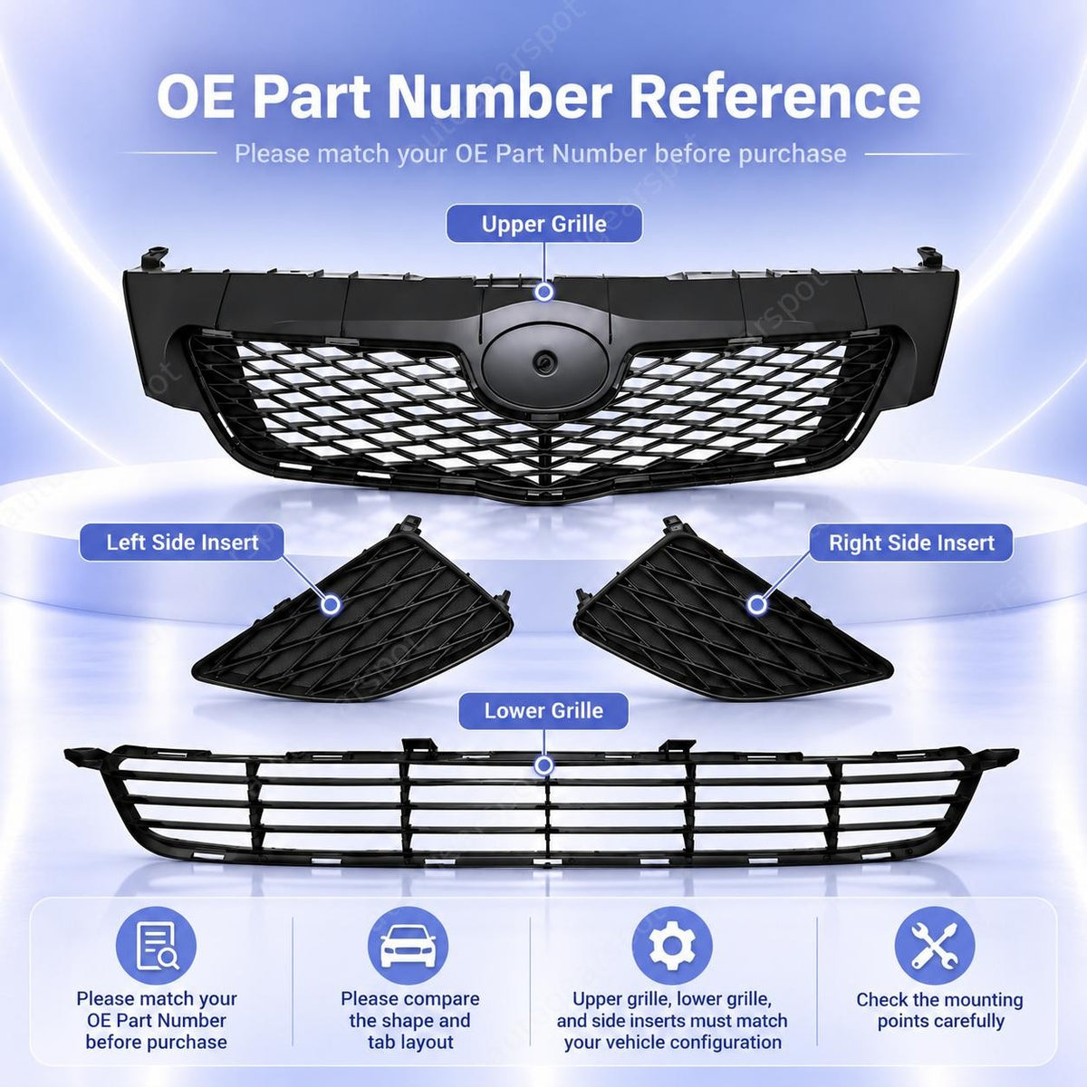 Front Bumper Face Bar Upper & Lower Grille Textured For 2009-2010 Toyota Corolla