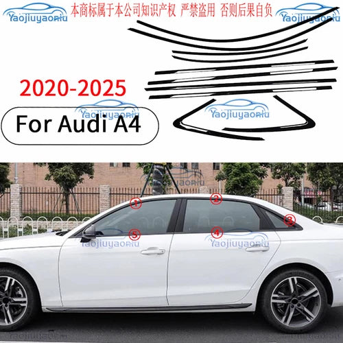 10PCS FOR Audi A4 S4 2020-2025 Car Window Molding Trim Strip Cover Gloss Black