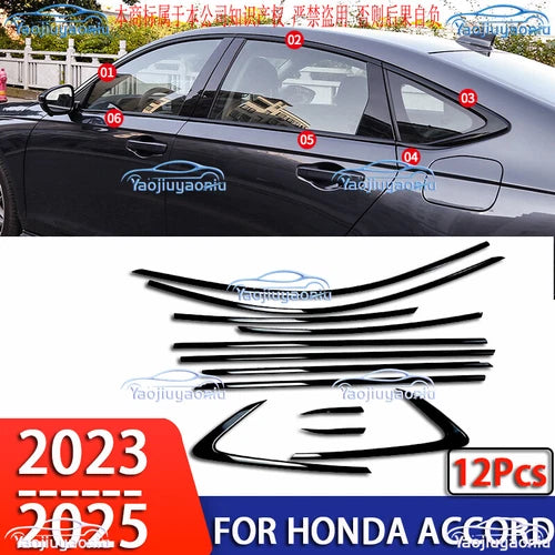 12Pcs Black steel window frame Strip Trim Accessories For 2023-25 Honda Accord