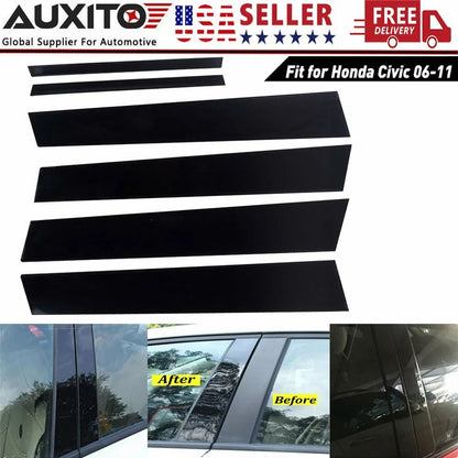 Black For Honda Civic 2006-2011 (4dr) Pillar Posts Door Trim Cover 6pc/Set New