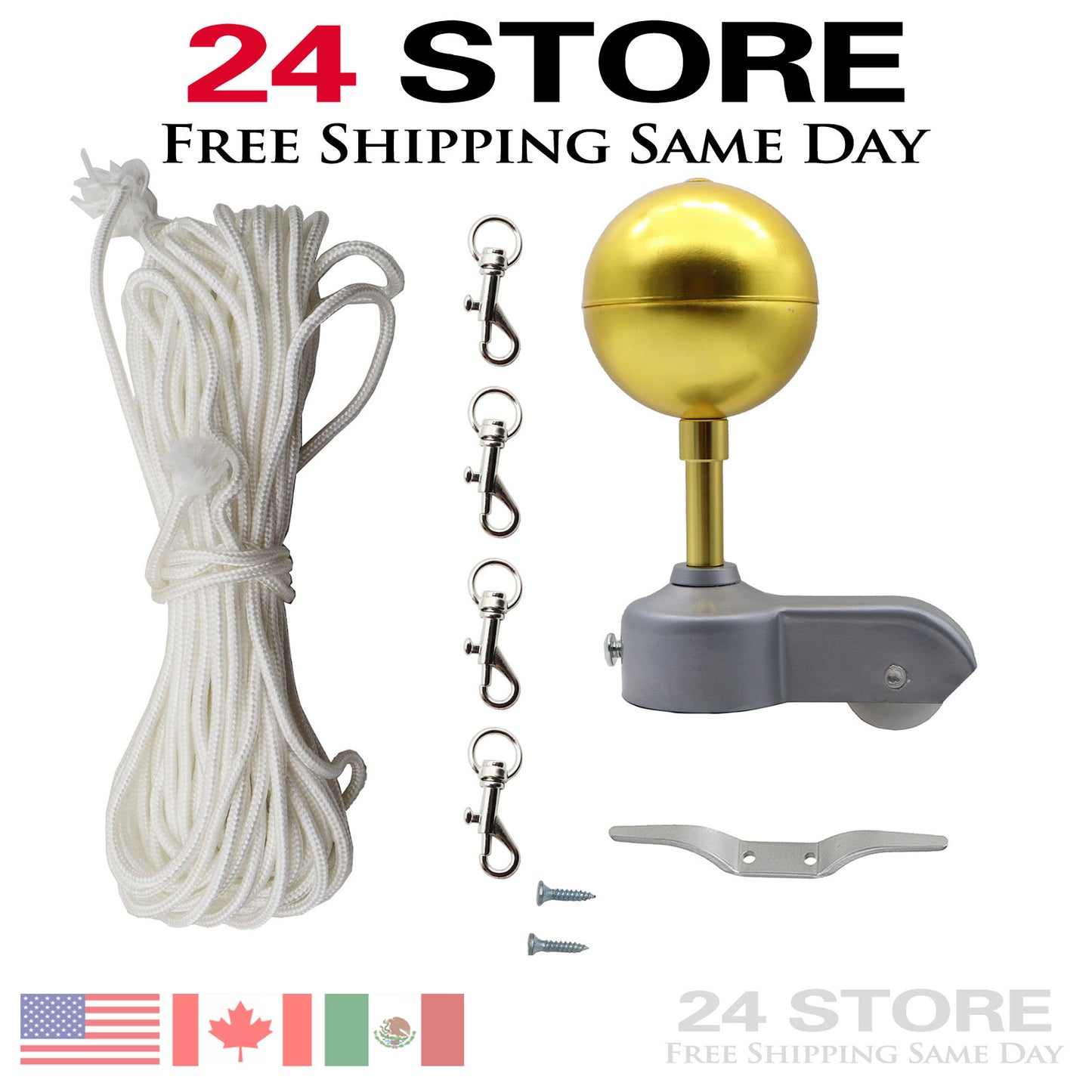 1pcs Outdoor Flagpole Hardware Repair Kit 50 Ft Halyard Rope 4inch Cleat Hook