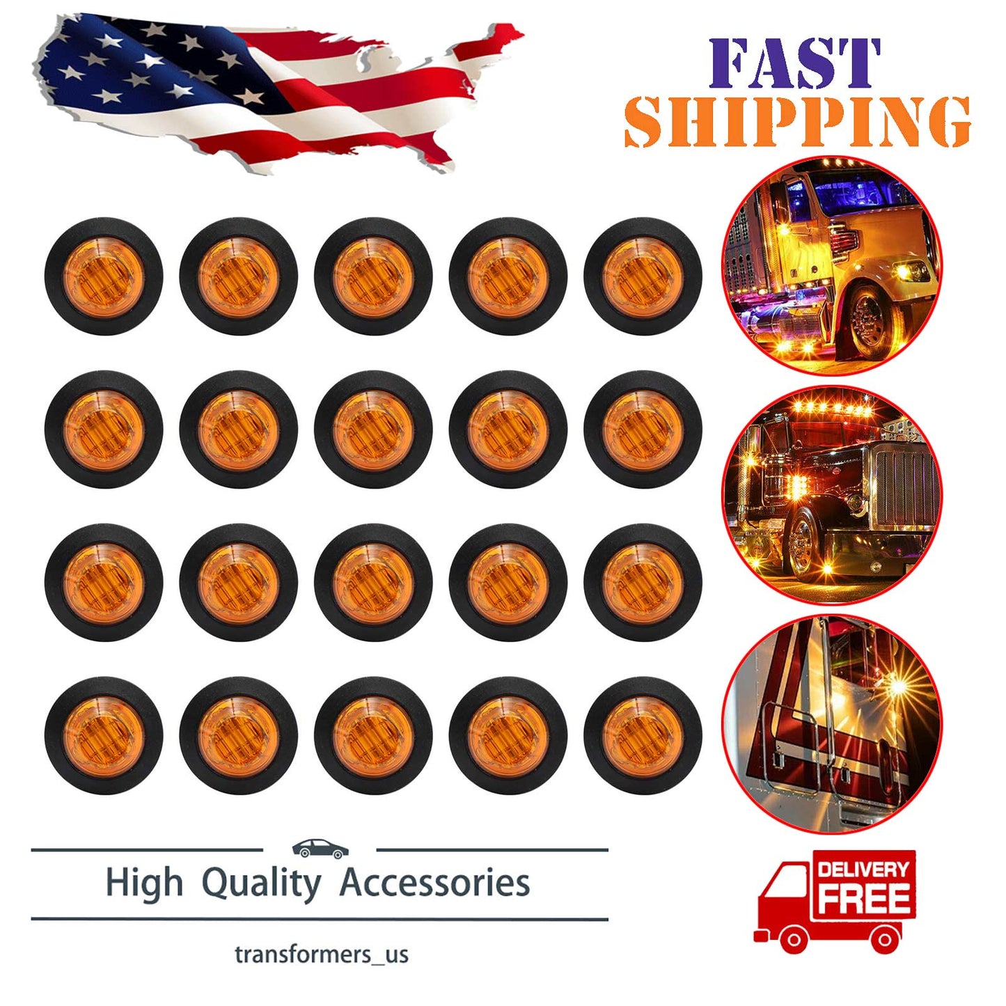 20X Amber 3/4"Round LED Bullet Clearance Side Marker Lights For Truck Trailer RV