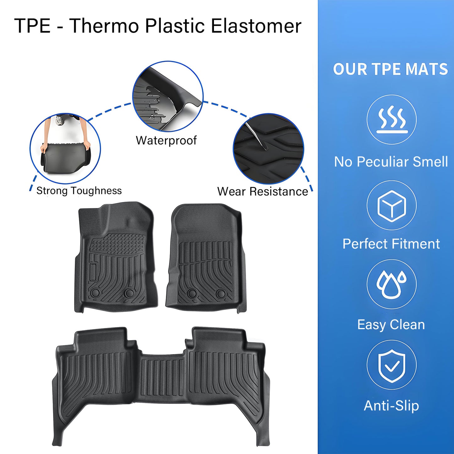 Car Floor Mats Liners 3Pcs For 2019-2023 Ford Ranger SuperCrew TPE All-Weather