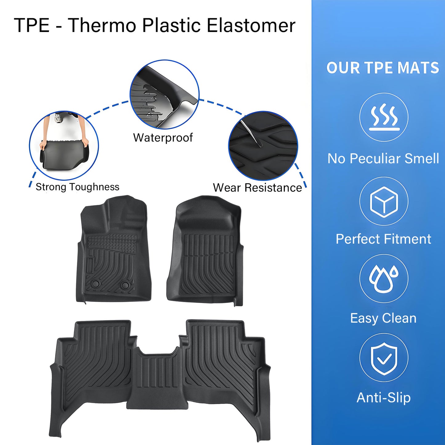TPE Floor Mats Liners Black For 2024 2025 Ford Ranger SuperCrew Cab All-Weather