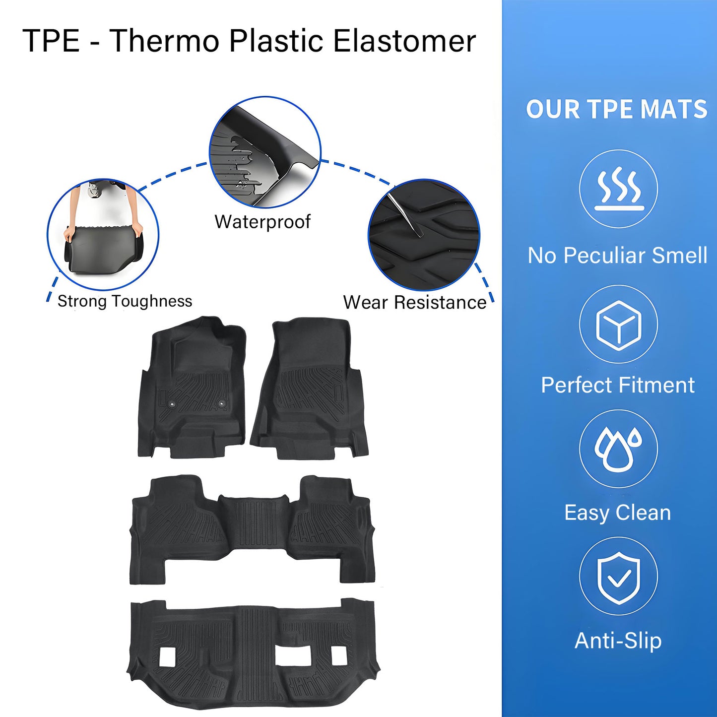 TPE Floor Mats Set For 2015-2020 Cadillac Escalade ESV 3 Row Floor Liners 4Pcs