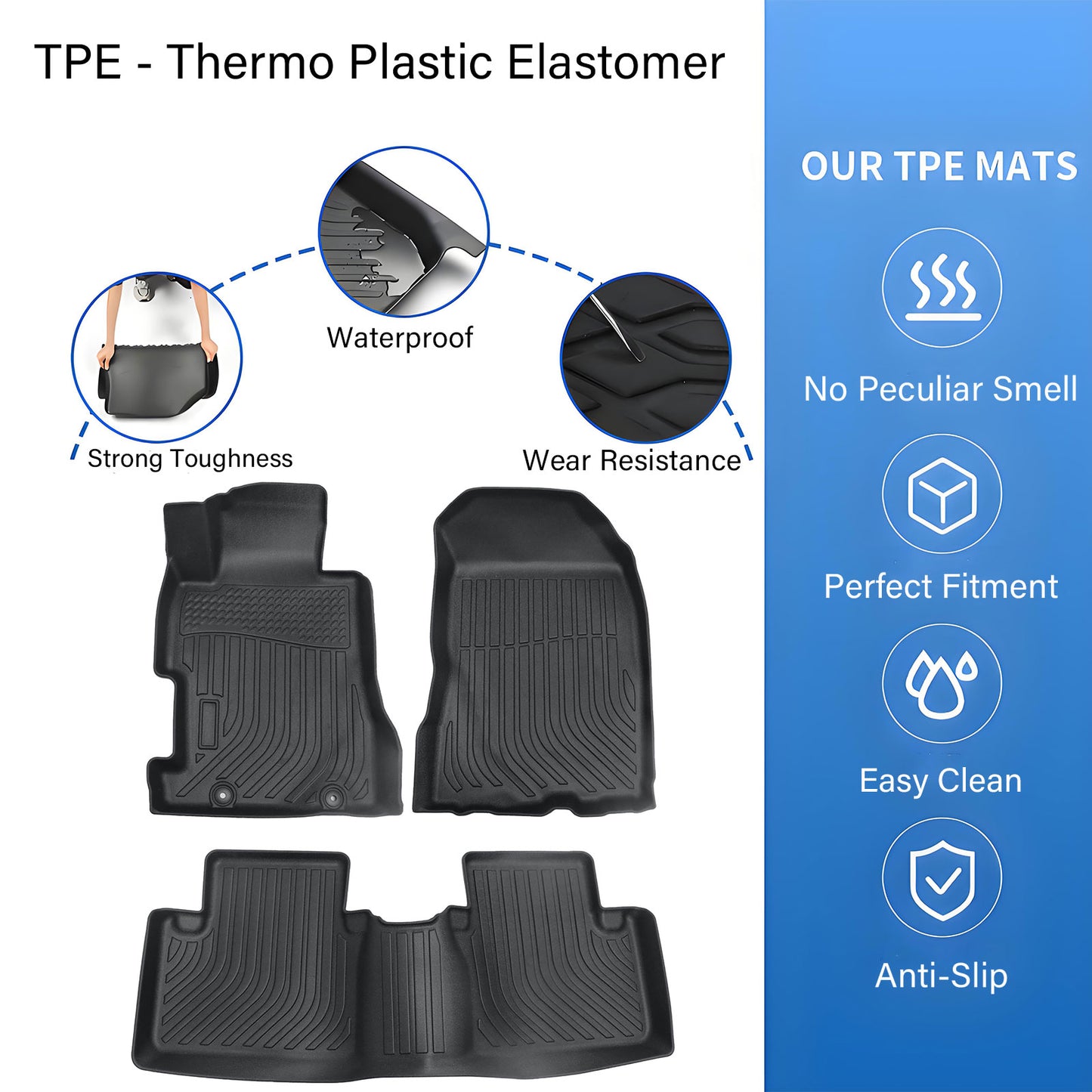 3D TPE All Weather Black Floor Mats Liner 2-Row For 2006-2011 Honda Civic Sedan