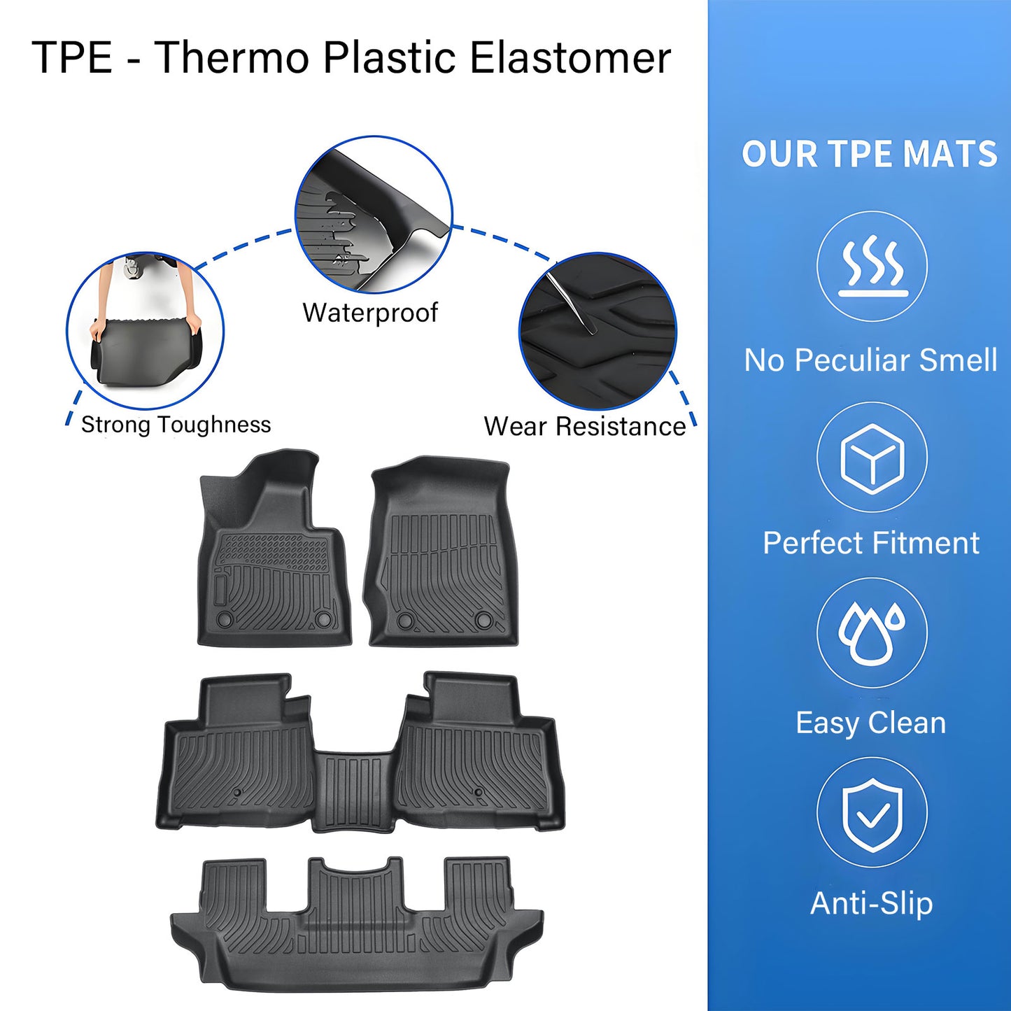 TPE Floor Mats For 2020-2025 Lincoln Aviator 6-Seats 3 Row Floor Liners Black