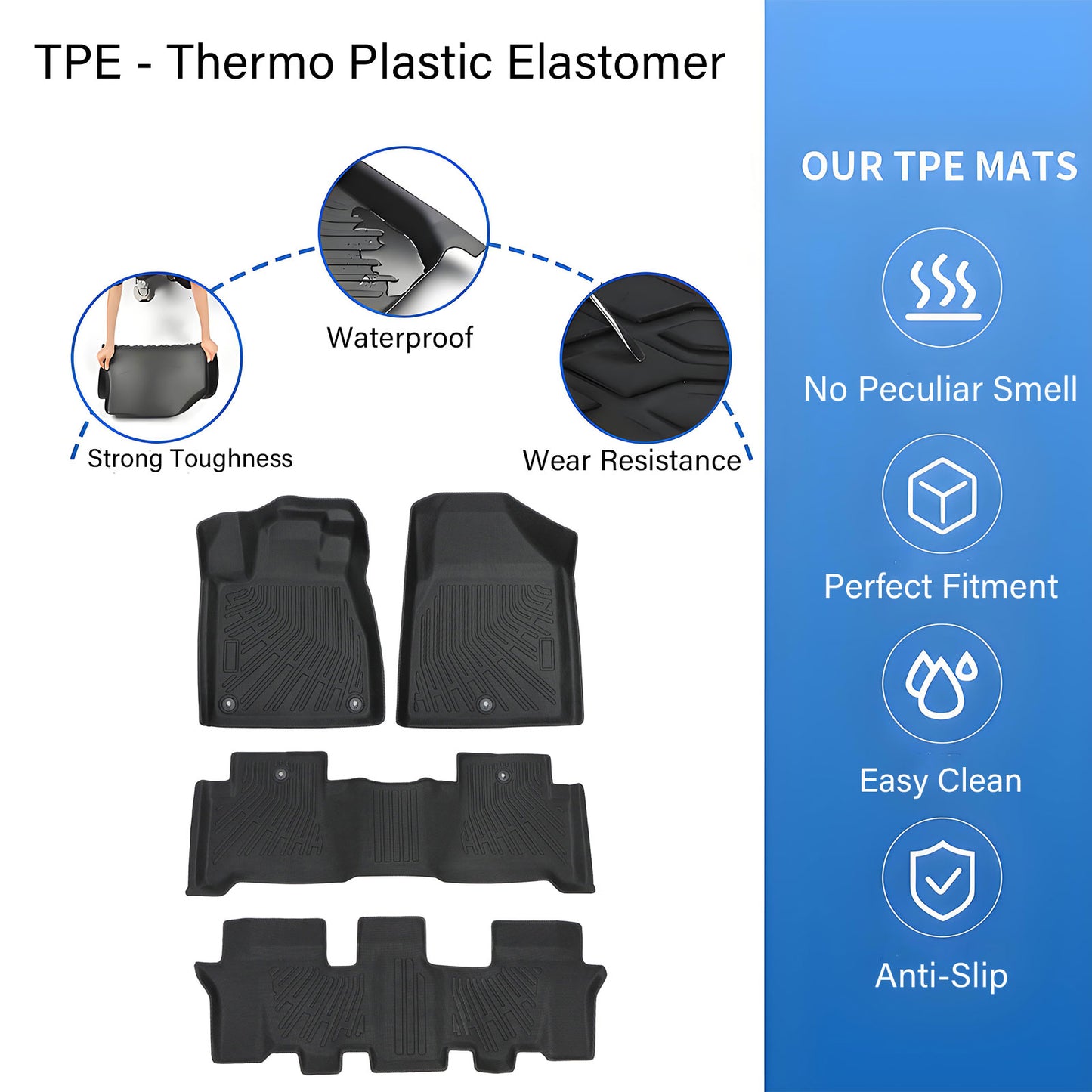 TPE 3D Floor Mats Liners Set For 2007-2013 Acura MDX 3 Row All Weather Black