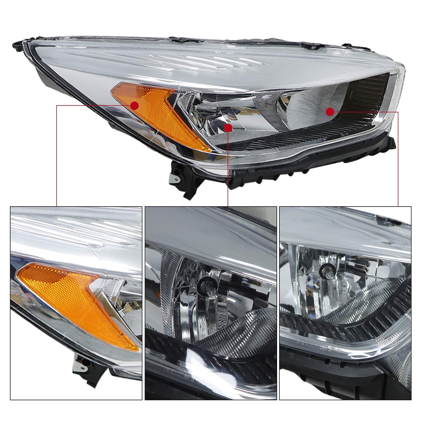 Headlight Assembly Chrome Halogen Right for 2017-2019 Ford Escape w/o LED