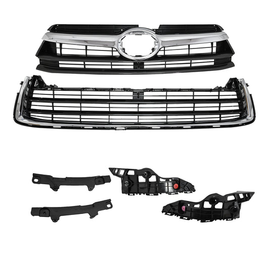 w/5 Bumper Bracket For Highlander 2014-16 Front Upper Lower Chrome Grille Grill