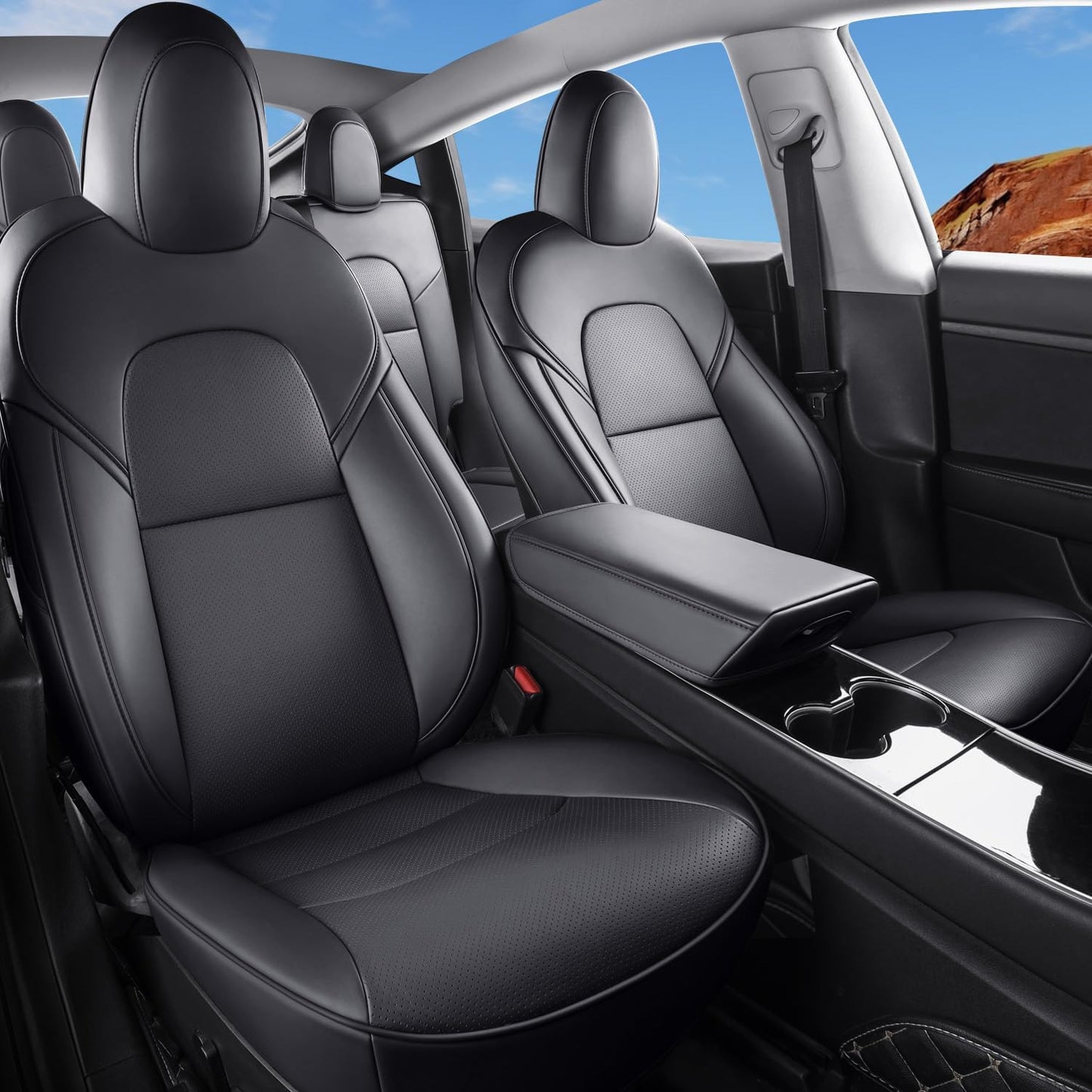 For 2020-2024 Tesla Model Y Faux Leather Front & Rear 5-Seat Cover Cushion Black