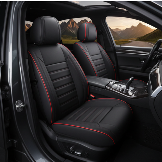 Toyota Black Red Seat Cover - Mountain Scene Reference Angle