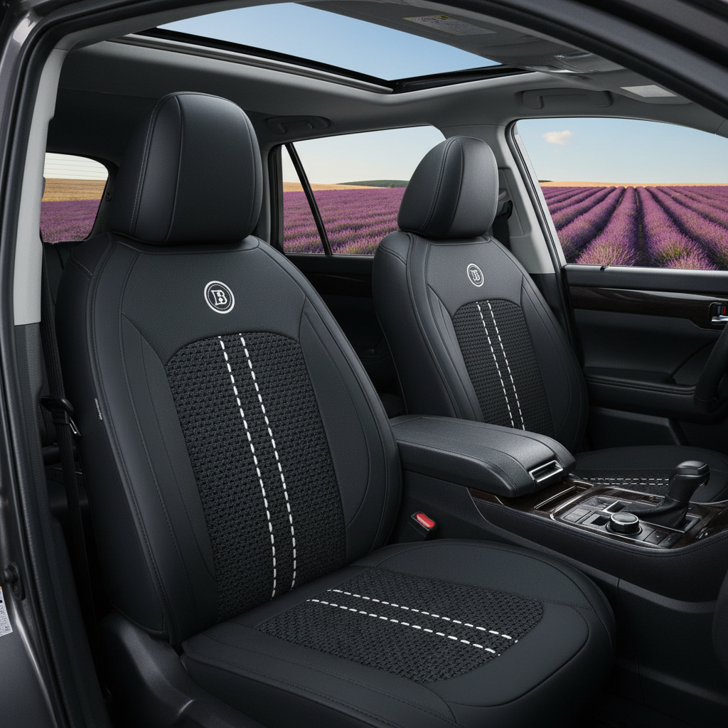 Toyota Highlander Black Carbon Seat Cover - Lavender Field Scene