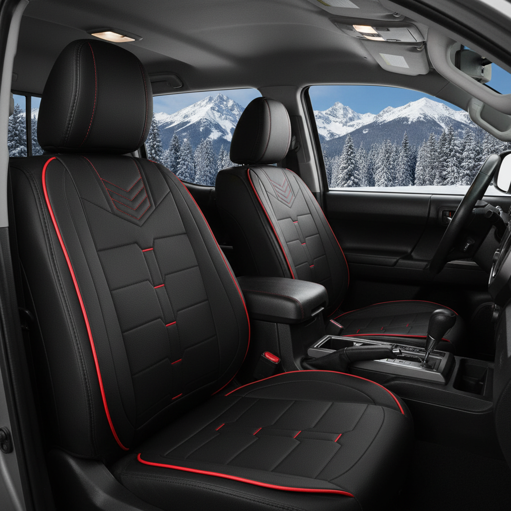 Toyota Tacoma Black Red Seat Cover - Snow Mountain Scene